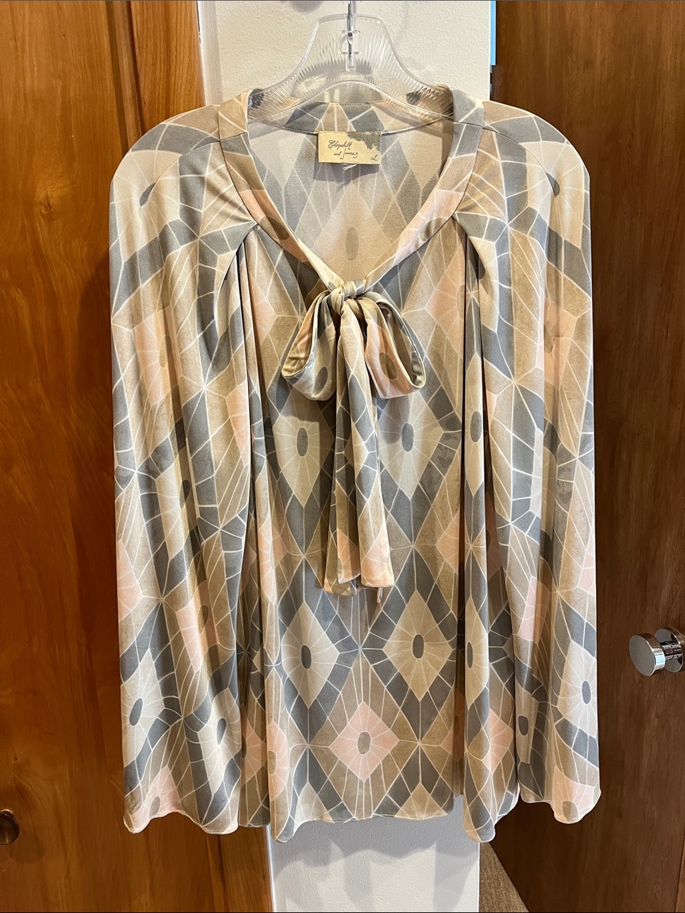 Elizabeth and James Peach and Gray Geometric Tie-Neck Blouse